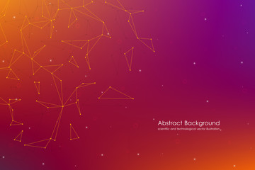 Fototapeta premium Abstract futuristic background with dots and lines, molecular particles and atoms, polygonal linear digital texture, technological and scientific concept, vector illustration