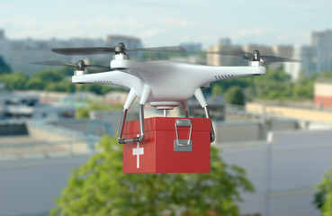 White Quadrocopter Drone with first aid kit in flight on cityscape background. 3D illustration