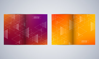 Bi-fold business brochure template with abstract background. Geometric graphics and connected lines with dots. Medical, technological and scientific concept. Vector illustration.