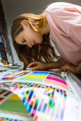 Young Female Engineer Printing Specialist Measuring Checking Colors Quality Booth Color Management Industry Girl Student