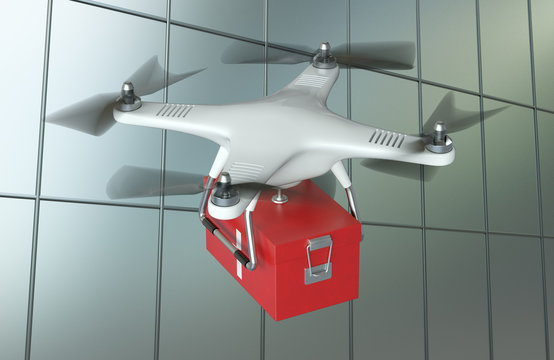 White Quadrocopter Drone with first aid kit in flight on cityscape background. 3D illustration