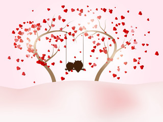 illustration of romantic valentines day with couple owl on swing at tree of love and heart flying vector background