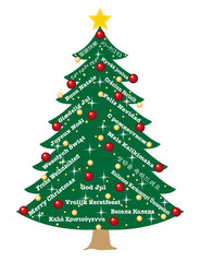 Weihnachtsbaum mit Weihnachtsgrüße in 20 Sprachen,
Weihnachtsbaum, Tannenbaum, Christbaum mit internationale Wünsche,
Vektor Illustration isoliert auf weißem Hintergrund 

