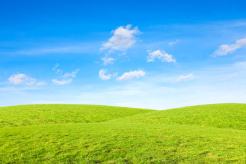 Fototapeta premium Green mountain meadow under gentle blue sky