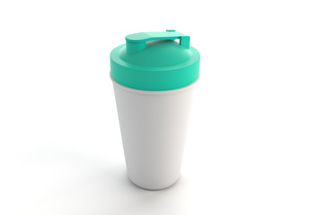 3d rendering of turquoise shaker on white background. Fitness accessories. Kitchenware. Healthy eating.