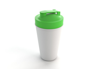3d rendering of green shaker on white background. Fitness accessories. Kitchenware. Healthy eating.