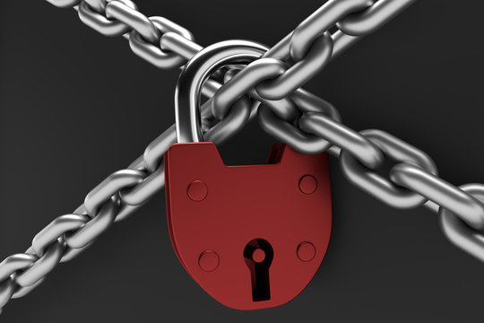 The gray metal chain and padlock 3d illustration