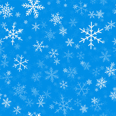 Light blue snowflakes seamless pattern on blue Christmas background. Chaotic scattered light blue snowflakes. Comely Christmas creative pattern. Vector illustration.