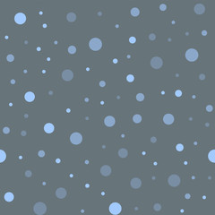 Blue polka dots seamless pattern on grey background. Fine classic blue polka dots textile pattern in restrained colours. Seamless scattered confetti fall chaotic decor. Vector illustration.