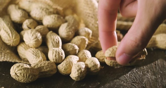 Macro shot, peanuts and a drop of oil falling on them, as a symbol of a genuine peanut oil and good, great for frying. Concept: bio, peanuts, fries.