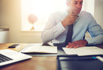 Mature executive reading paperwork at a desk in an office