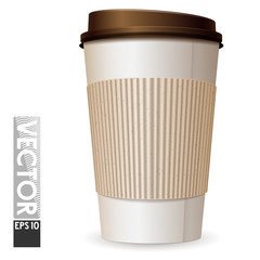 A large cardboard glass with coffee with an empty space for the logo. Light cup brown lid.