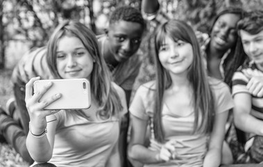 Group of multi ethnic teenagers making selfie seated on the grass