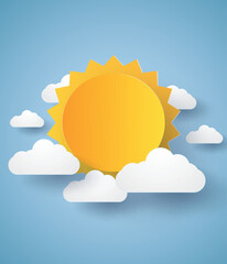 Cloudscape , blue sky with clouds and sun , paper art style