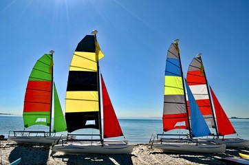 Obraz premium Small sailing catamarans resting in the sand on a beach on Key Biscayne ,Florida