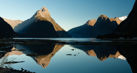 Milford Sound with Mitre Peak reflecting on the water, New Zealand