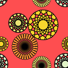 Abstract multicolor circle seamless pattern vector. Colorful round shaped pattern vector.
