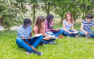 Group of multi ethnic teenagers classroom making school exercises seated on the grass