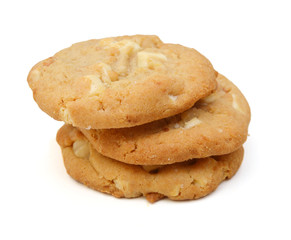 Small stack of macadamia nut and white chocolate cookies. 