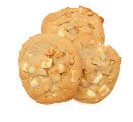 Small stack of macadamia nut and white chocolate cookies. 