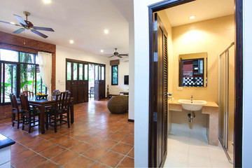 Luxury interior design in livingroom of pool villas