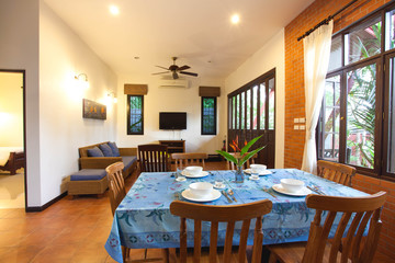 Luxury interior design in livingroom of pool villas
