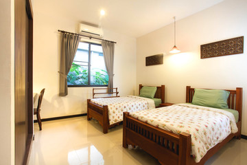 Luxury Interior design in bedroom of pool villa with cozy  bed