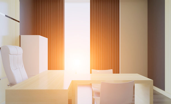 Open space office interior with like conference room. Mockup. 3D rendering. Sunset