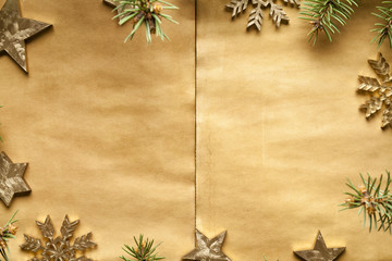 Christmas background - handmade paper sheet, snowflakes and stars