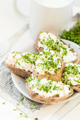 Healthy breakfast sandwiches white cream cheese croissants milk