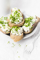 Healthy breakfast sandwiches white cream cheese croissants milk