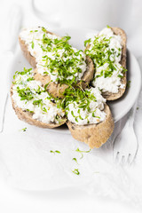 Healthy breakfast sandwiches white cream cheese croissants milk