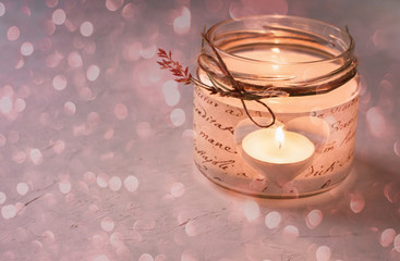 Glass Jar Candle Holder Decoupage Cut out Heart Shape Flickering Light Bokeh Glitter Copy Space Romantic Magic Atmosphere Valentine Wedding BIrthday