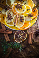 Ingredients medicinal tea Citrus spices Slices lemon orange ginger cloves cinnamon