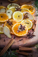 Ingredients medicinal tea Citrus spices Slices lemon orange ginger cloves cinnamon