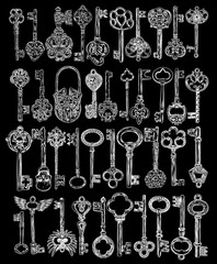 Set of hand drawn antique keys. Sketch style of vintage key on black background. Old design illustration. Vector.