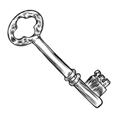 Hand drawn antique key. Sketch style of vintage key on white background. Old design illustration. Vector.