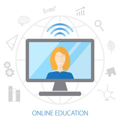 Fototapeta na wymiar Concept of remote learning. Coach conducts online training on the globe background. Set icons of education. Flat design. Vector illustration EPS10. 