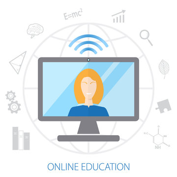 Concept of remote learning. Coach conducts online training on the globe background.  Set icons of education. Flat design. Vector illustration EPS10. 