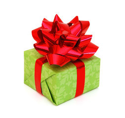 Green gift box with ribbon and bow isolated on the white background, clipping path included