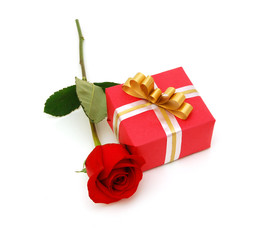 Red rose with red gift box on white background