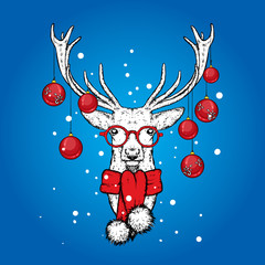 Fototapeta premium Christmas deer with decorated horn balls. Vector illustration. New Year's and Christmas. An animal in a scarf and glasses.