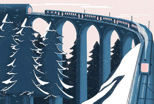 Illustration of train moving along viaduct in winter
