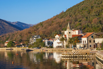 Fototapeta na wymiar View of Mediterranean village on a sunny winter day. Donja Lastva, Tivat, Montenegro