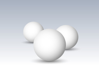 Three white spheres, balls or orbs. 3D vector objects with dropped shadow on gray background.
