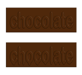 Two chocolate bars with the word chocolate on them, one of them is melting