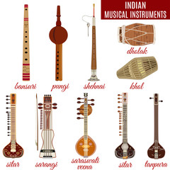Naklejka premium Vector set of indian musical instruments, flat style.