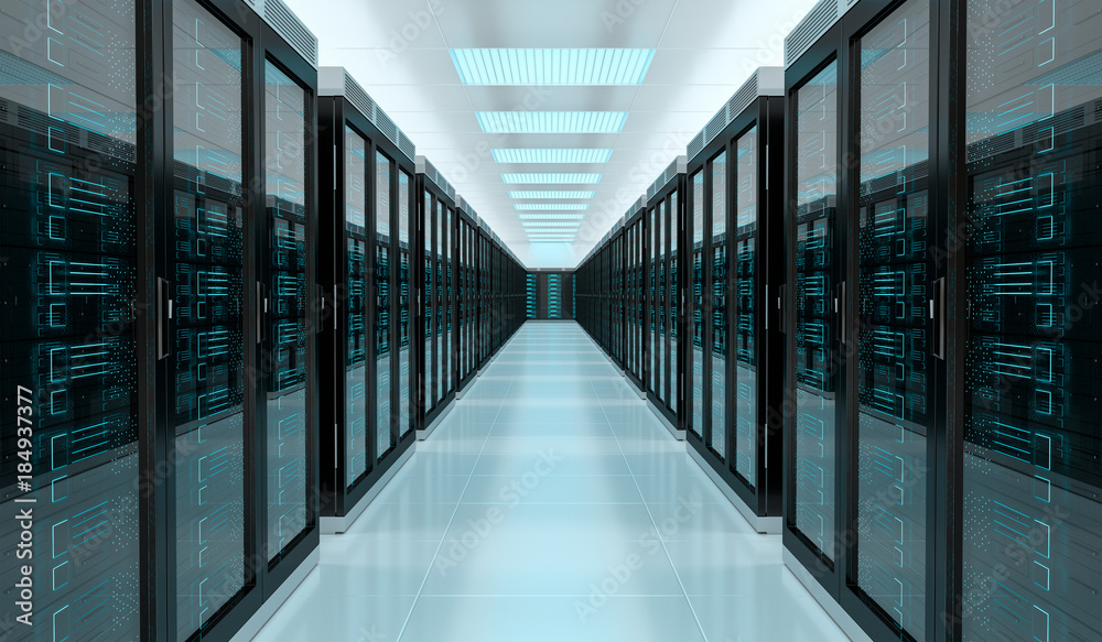 Poster server room data center interior 3d rendering