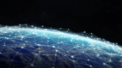 Connections system and datas exchanges on planet Earth 3D rendering
