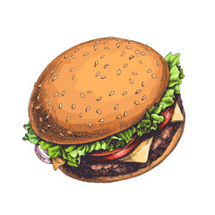 Tasty burger with tomatoes, pieces of cheese, meat and salad leaves isolated on white. Hand drawn color vintage illustration with traditional american fast food. Engraved style.
